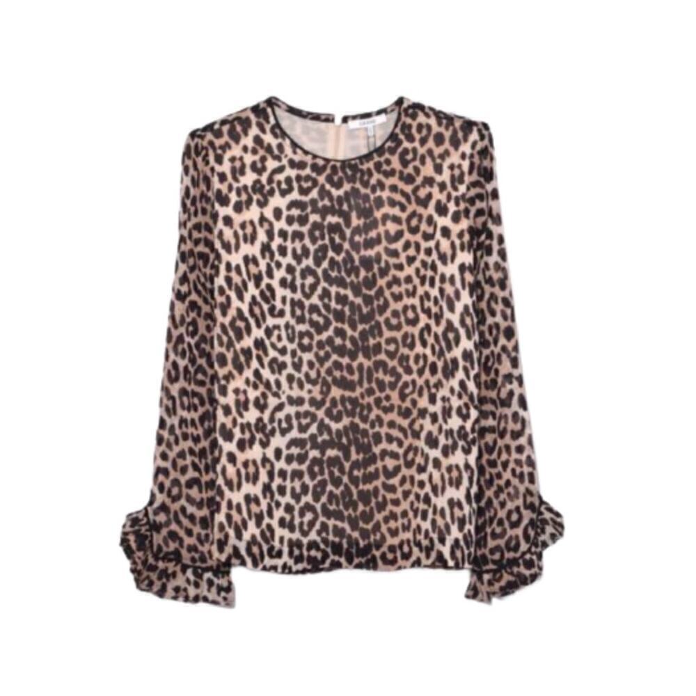 Ganni leopard print blouse long sleeve ruffle round neck size 34 or XS